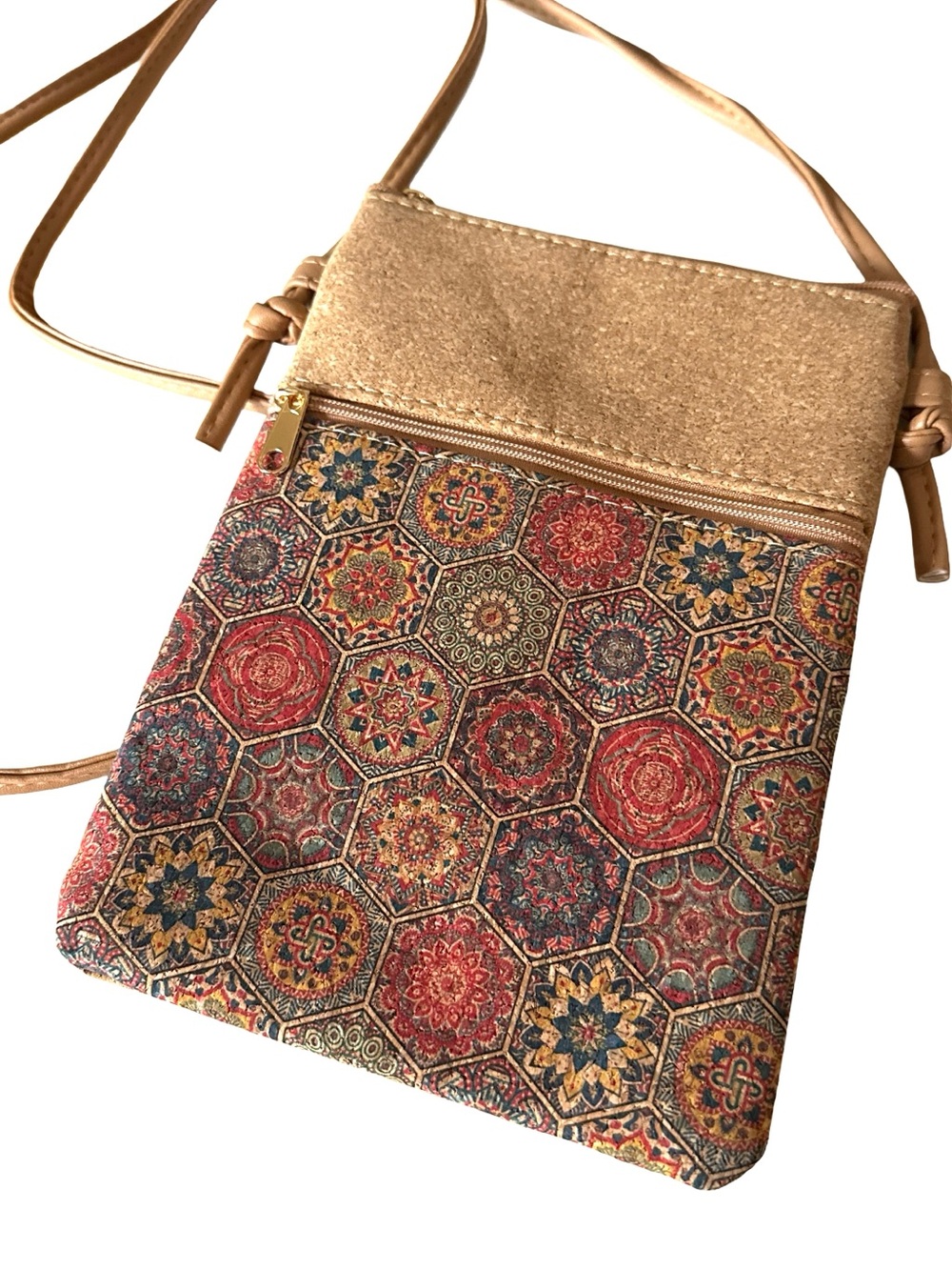 Cork Crossbody Phone Bag Boho Mosaic Tile Print Small Purse Adjustable Strap - Picture 3 of 4